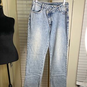 Le Lis Light Blue High Asymmetrical Waist Wide Leg  Jeans